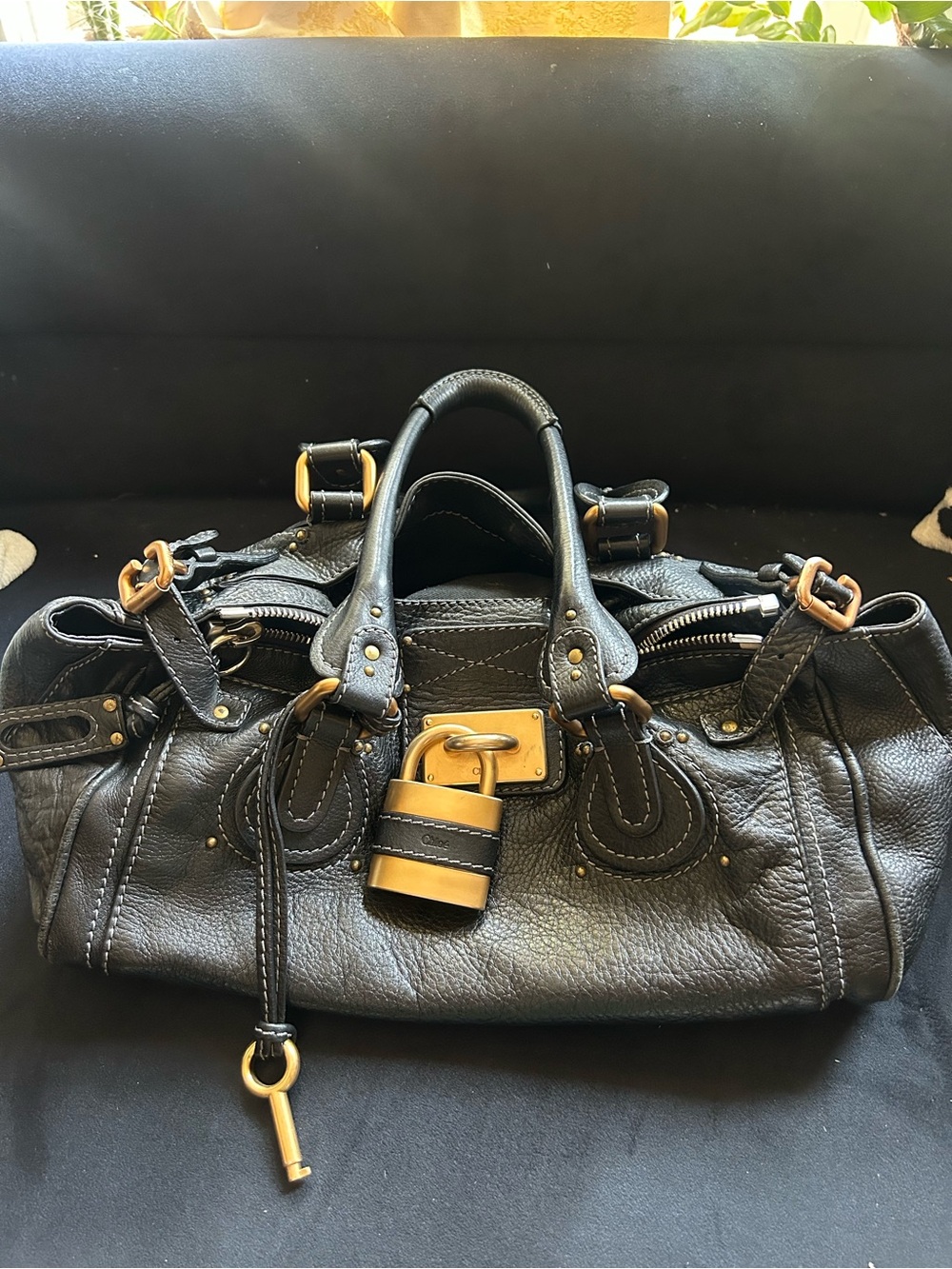 Chloe Black Leather Satchel with Gold Hardware and Padlock